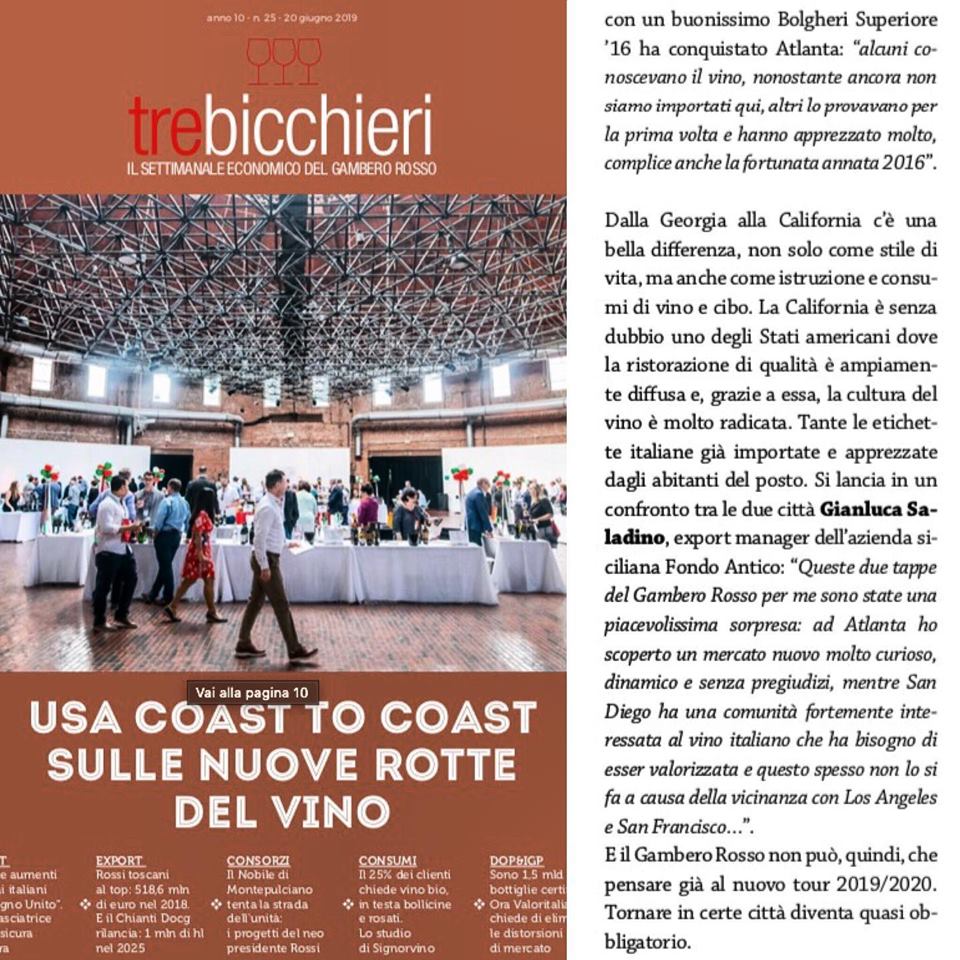 Fondo Antico in the USA – Tre Bicchiero Gambero Rosso Magazine